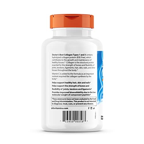 Étiquette Doctor's BEST Collagène 1 et 3 avec vitamine C et informations nutritionnelles.