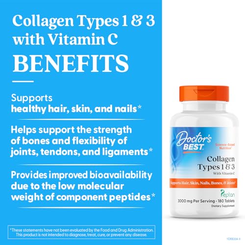 Doctor's Best Collagen Types 1&3 - tablettes, format pratique pour routine quotidienne.