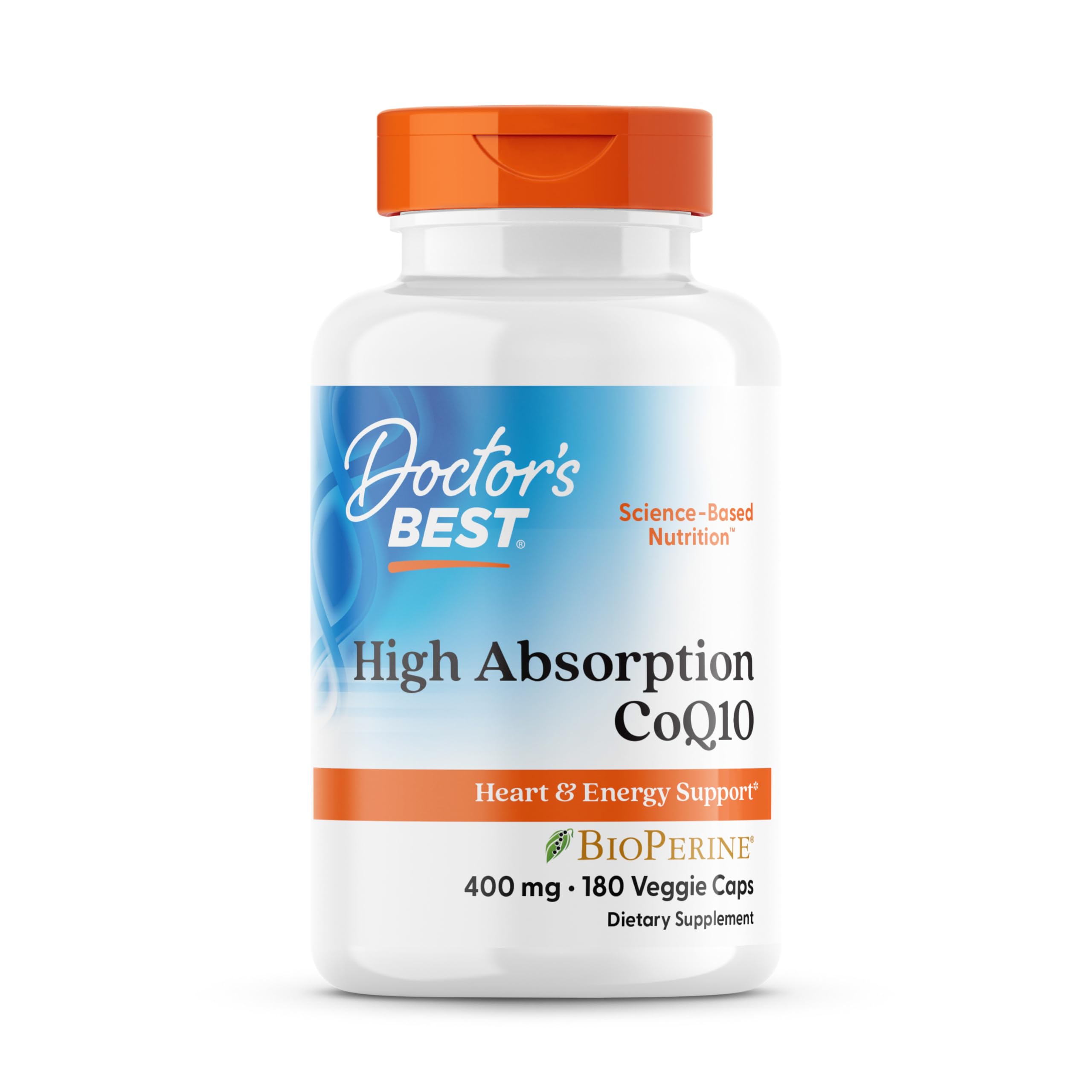 Doctor's Best CoQ10 haute absorption — bouteille, soutien potentiel à l'énergie et au cœur.