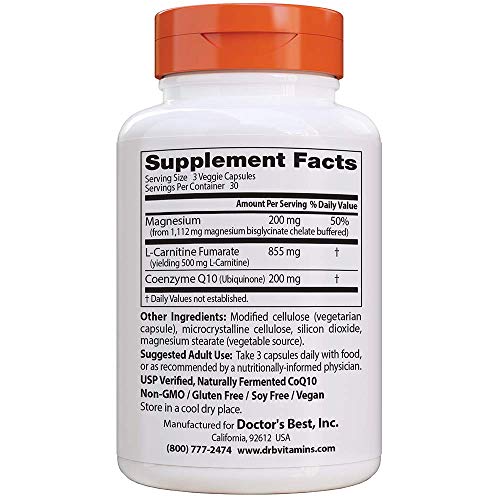 Étiquette Doctor's Best CoQ10/L-Carnitine/Magnésium indiquant performance et récupération.