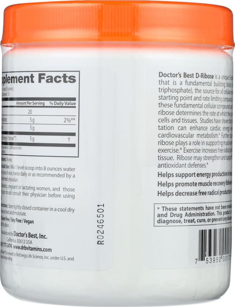 Doctor's Best D-Ribose poudre prête à dilution dans eau ou boisson.