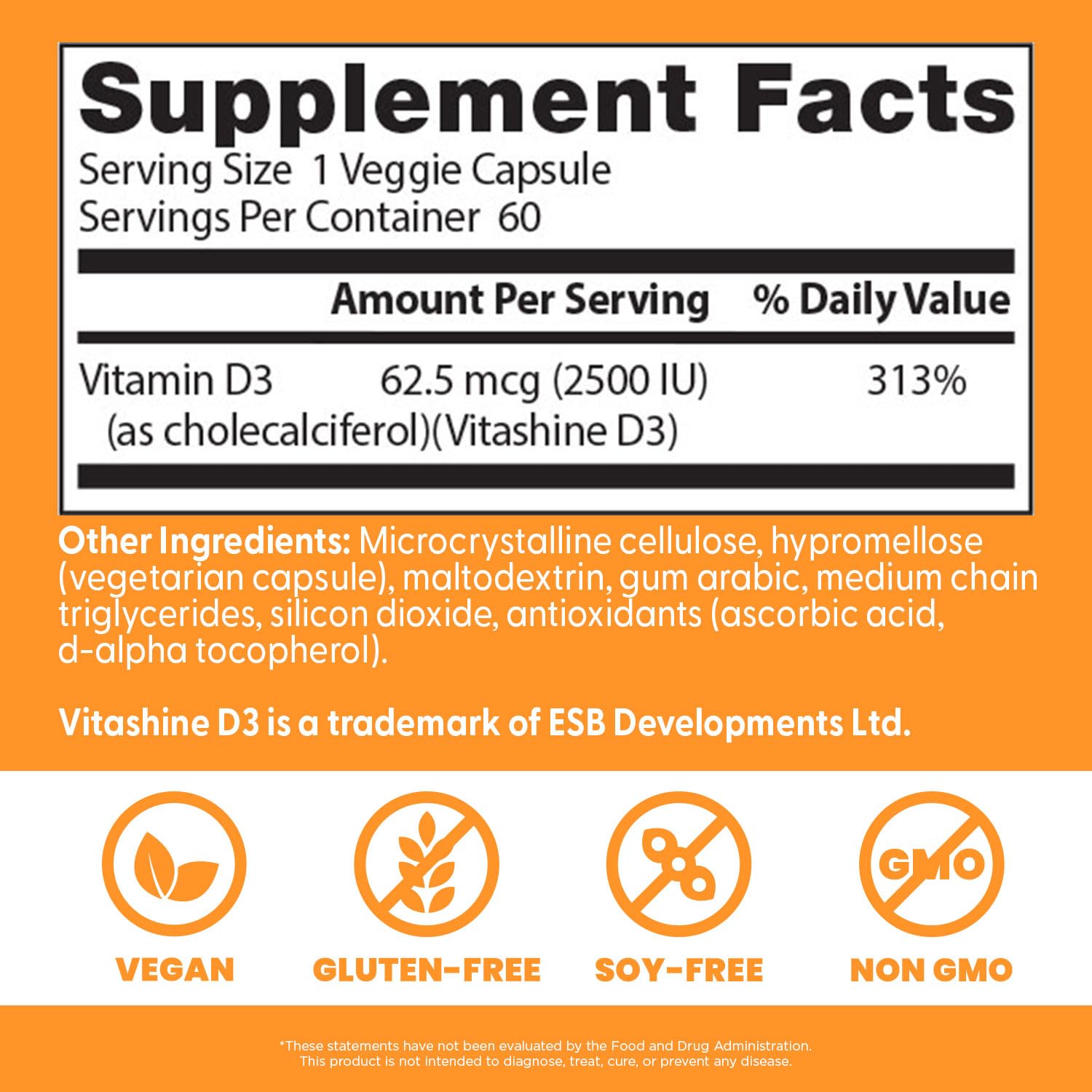 Doctor's Best D3 vegan gélules - étiquette lisible, formule vegan sans gluten ni soja.