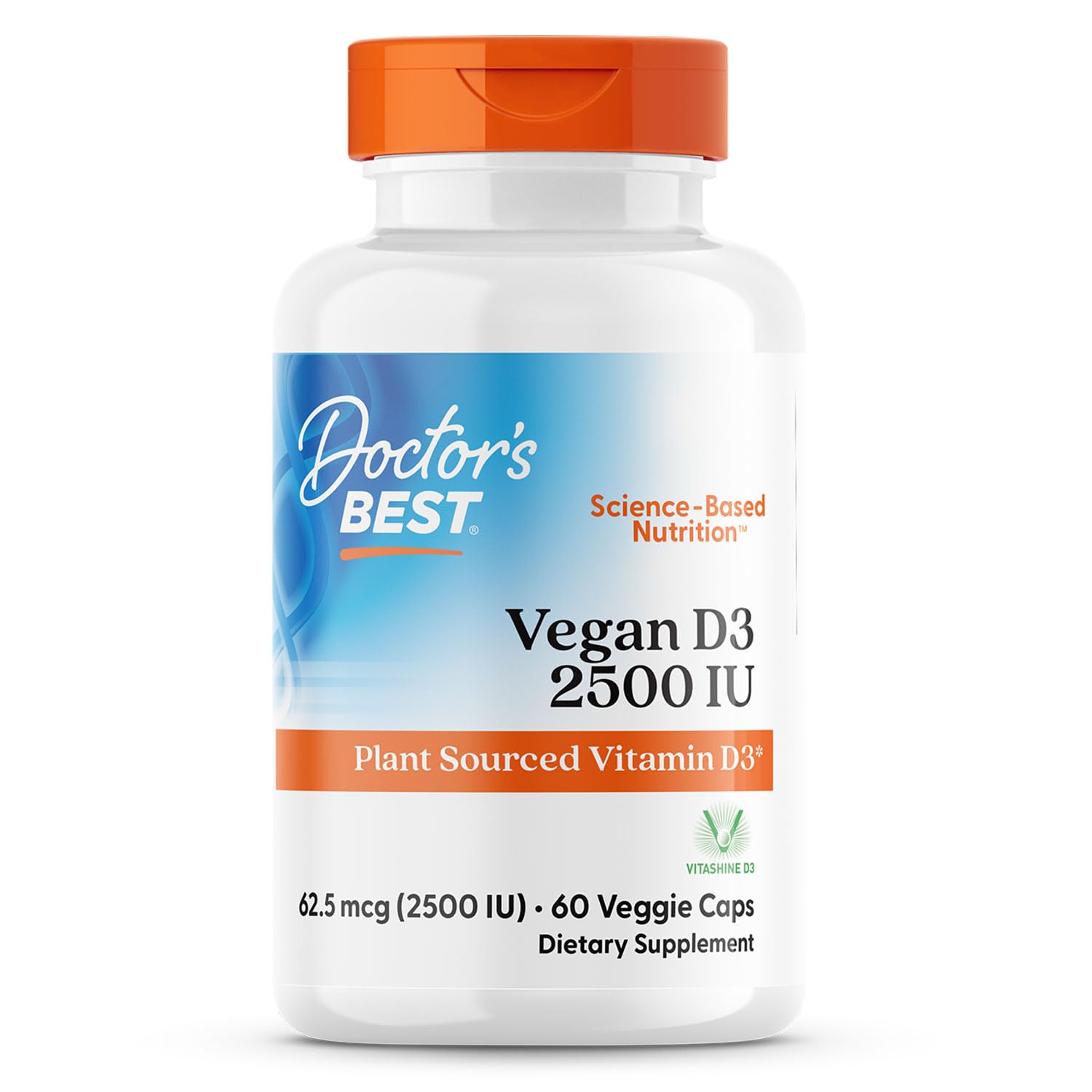 Doctor's Best D3 vegan gélules - flacon, soutien potentiel à l'absorption du calcium.