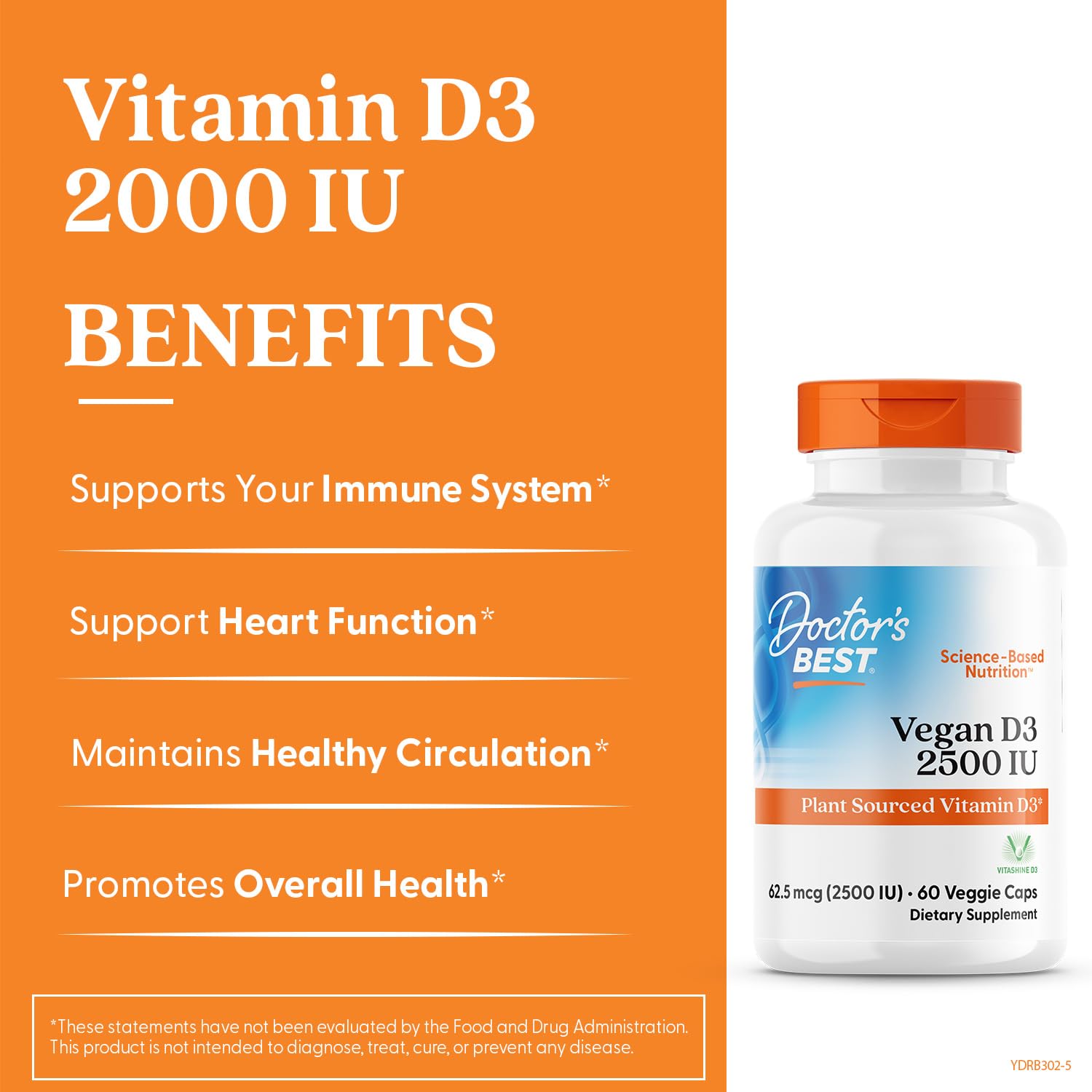 Doctor's Best D3 vegan gélules - prise en main, peut soutenir le système immunitaire.