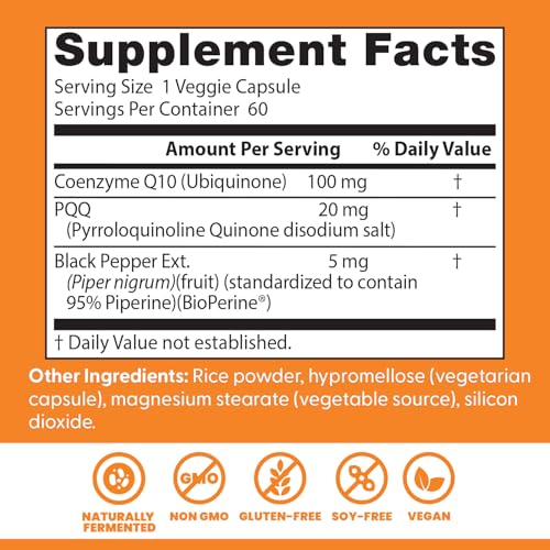 Étiquette Doctor's Best CoQ10 PQQ avec informations claires et dosage