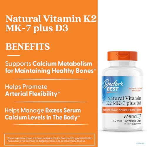 Étiquette Doctor's BEST K2 D3, informations claires sur les ingrédients et usages potentiels.