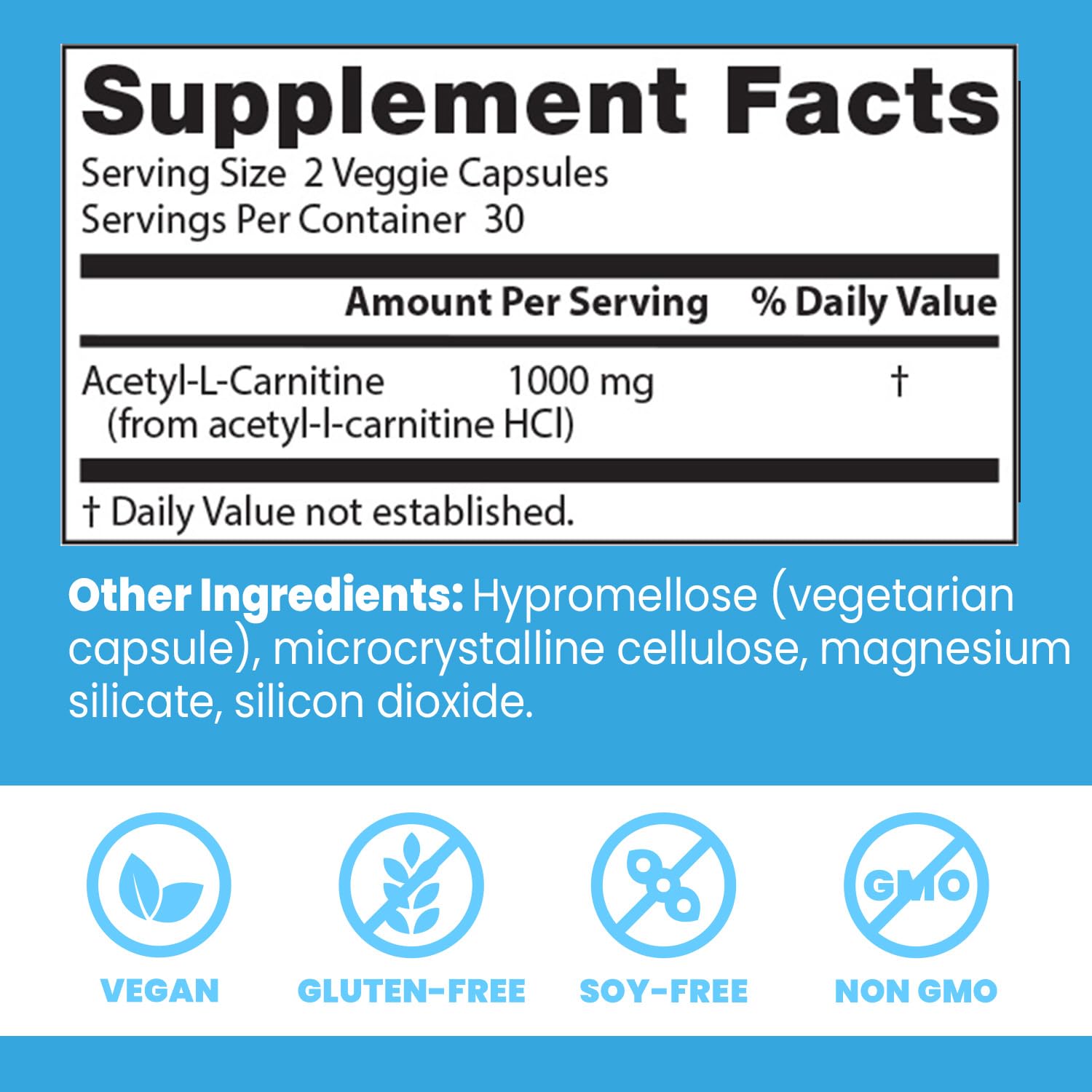 Docteur's BEST Acetyl-L-Carnitine: étiquette sans OGM et sans gluten, transparence des ingrédients.