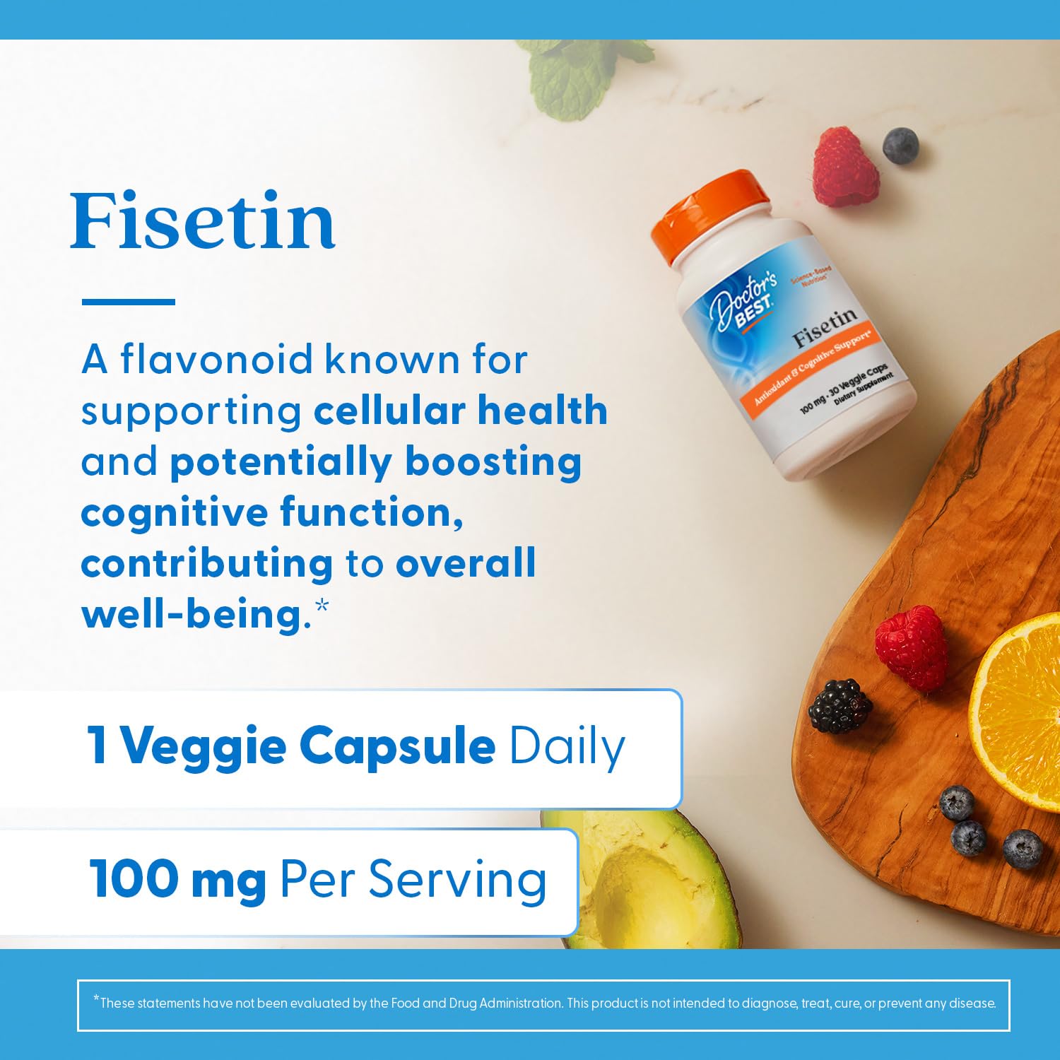 Emballage Doctor's Best Fisetin – végan et sans OGM.