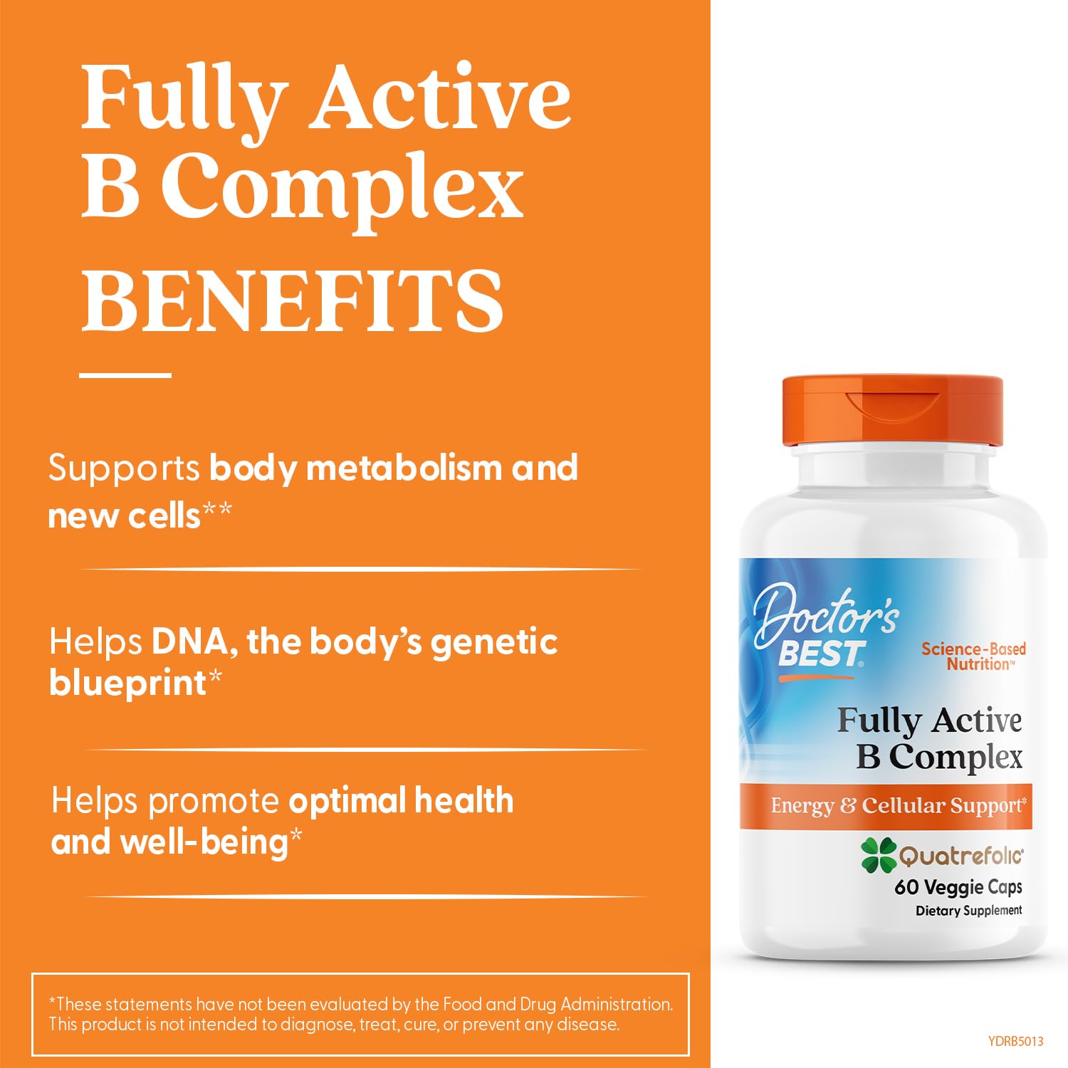 Capsules d'origine végétale Doctor's BEST Fully Active B Complex pour énergie quotidienne et bien-être.