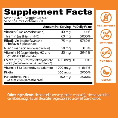 Doctor's BEST Fully Active B Complex – étiquette sans OGM indiquant une option saine pour l'énergie.