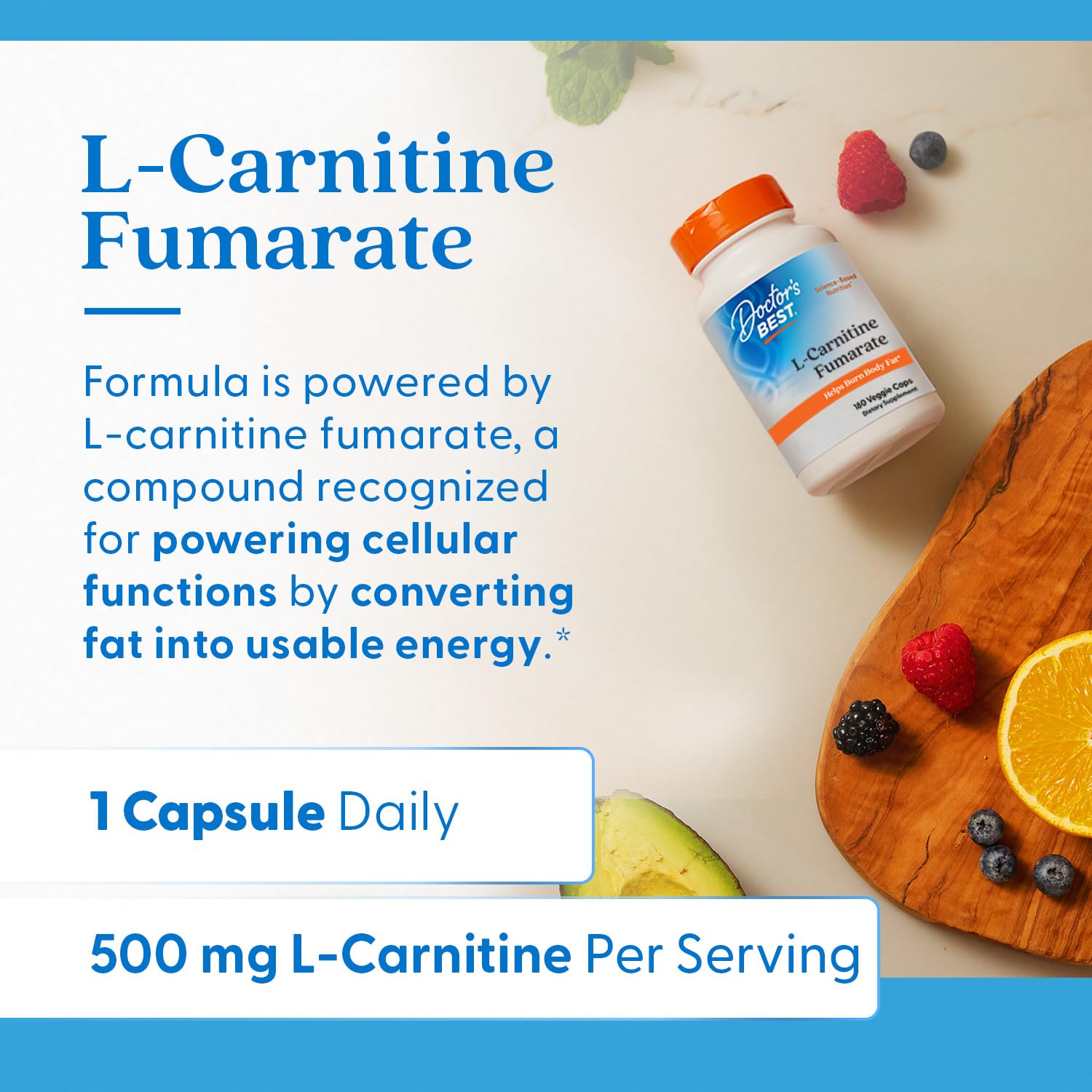 Tableau nutritionnel Doctor's BEST L-Carnitine Fumarate: clair et utile pour le suivi.