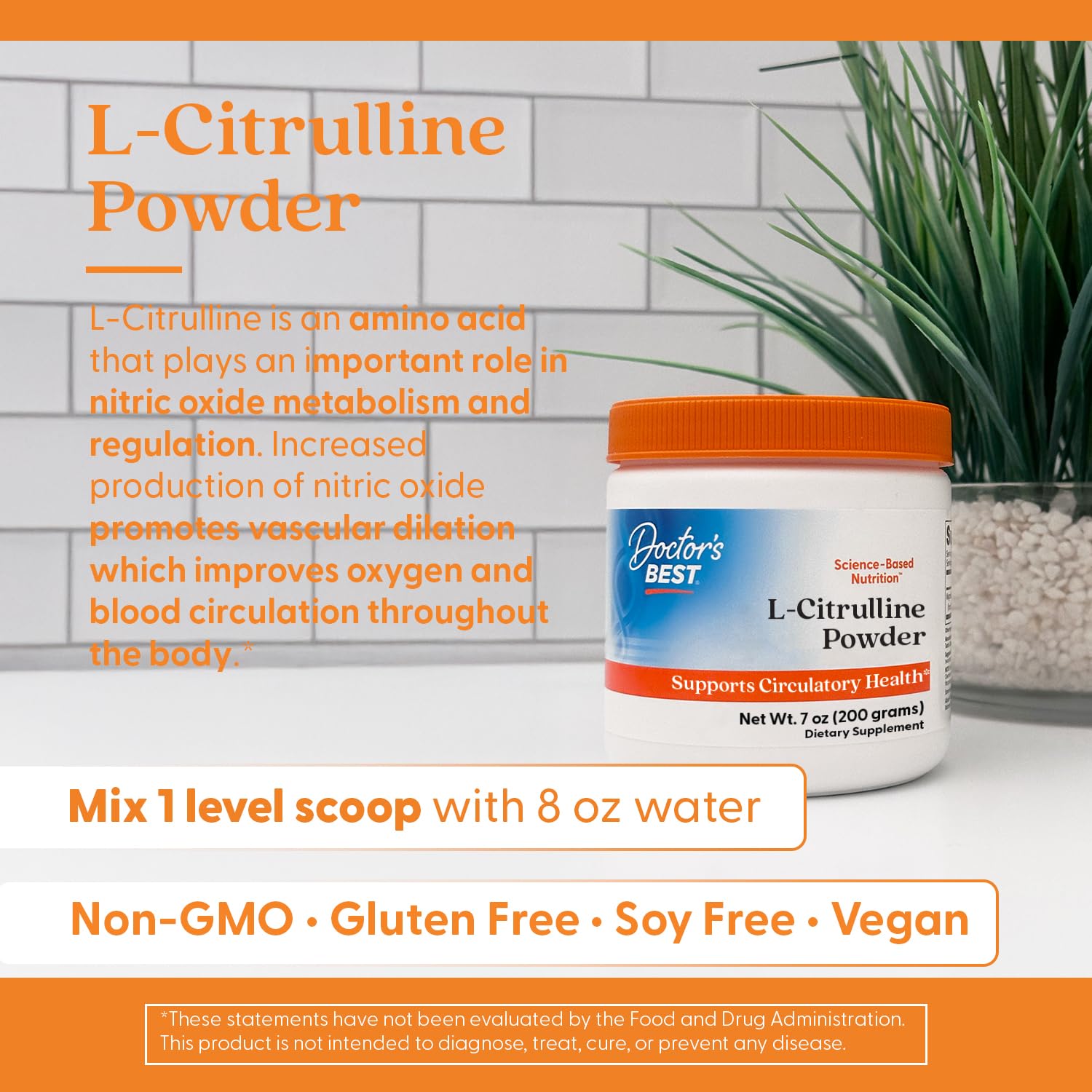 Bouteille Doctor's Best L-Citrulline poudre prête à une consommation quotidienne.