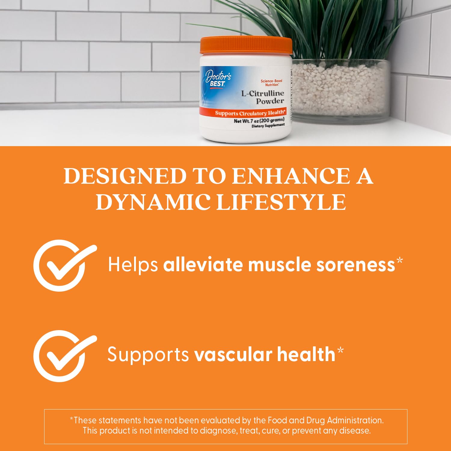 Étiquette lisible Doctor's Best L-Citrulline poudre avec conseils d'utilisation.