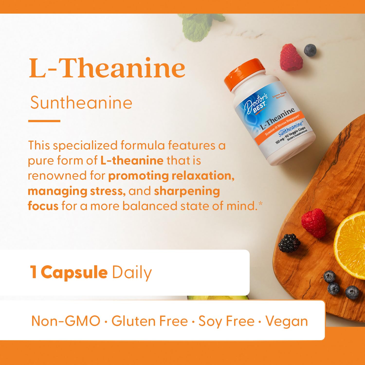Doctor's Best L-Theanine Suntheanine — flacon pratique et facile à prendre