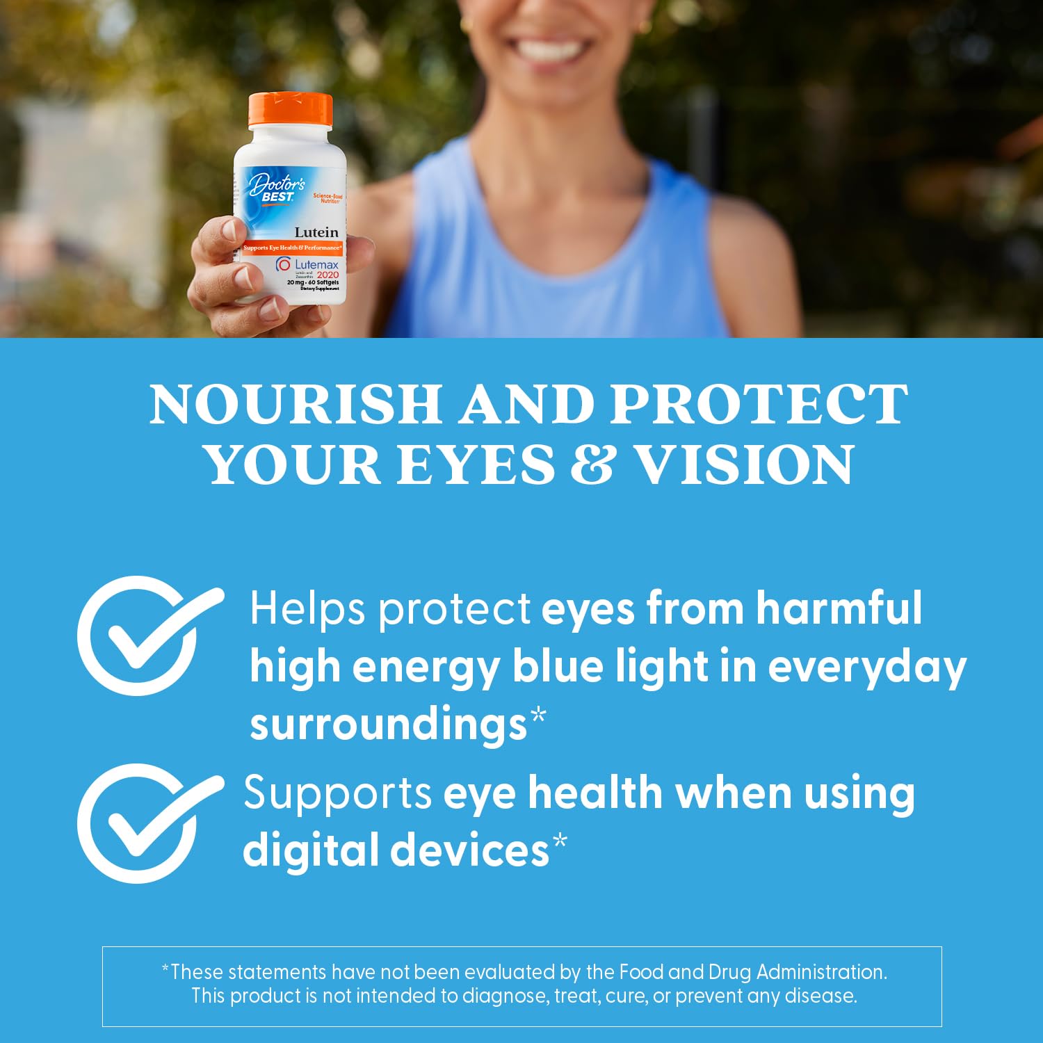 Doctor's Best Lutein, emballage compact facilitant la routine de santé oculaire.