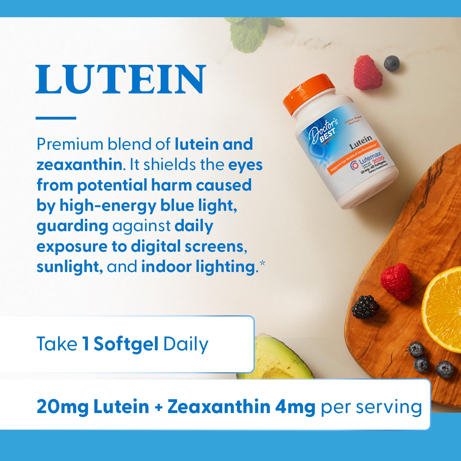 Doctor's Best Lutein, étiquette claire pour comprendre le produit.