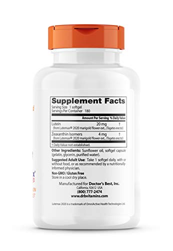 Doctor's Best Lutein – étiquette claire sur Lutemax 2020 et bienfaits.