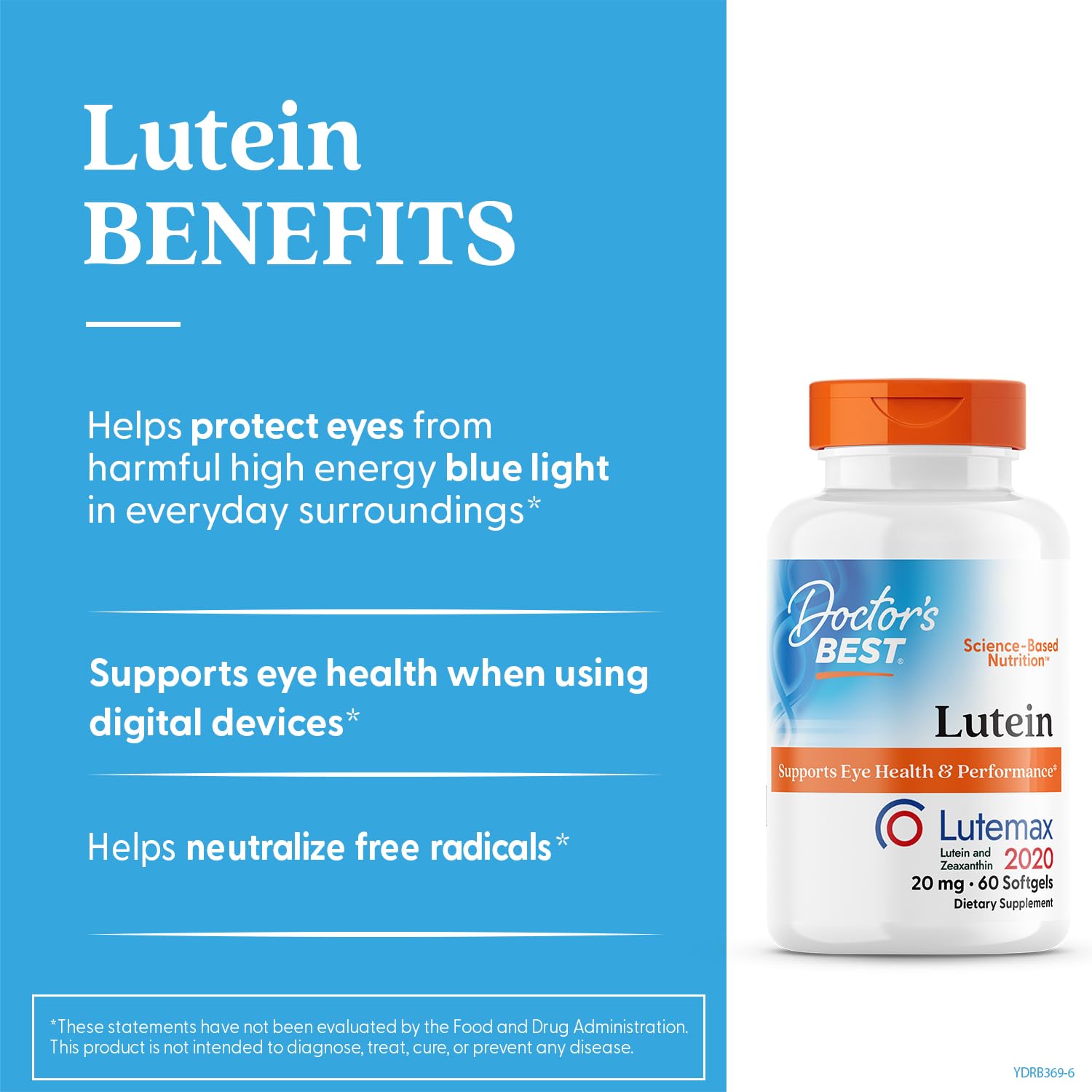 Doctor's Best Lutein, gélules visibles, peut soutenir la fonction visuelle au quotidien.
