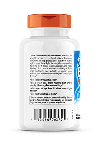 Doctor's Best Lutein – tableau d'ingrédients, sans OGM et sans gluten.