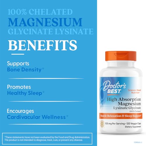 Doctor's Best magnésium glycinate lysinate - soutien potentiel au sommeil et à la relaxation.