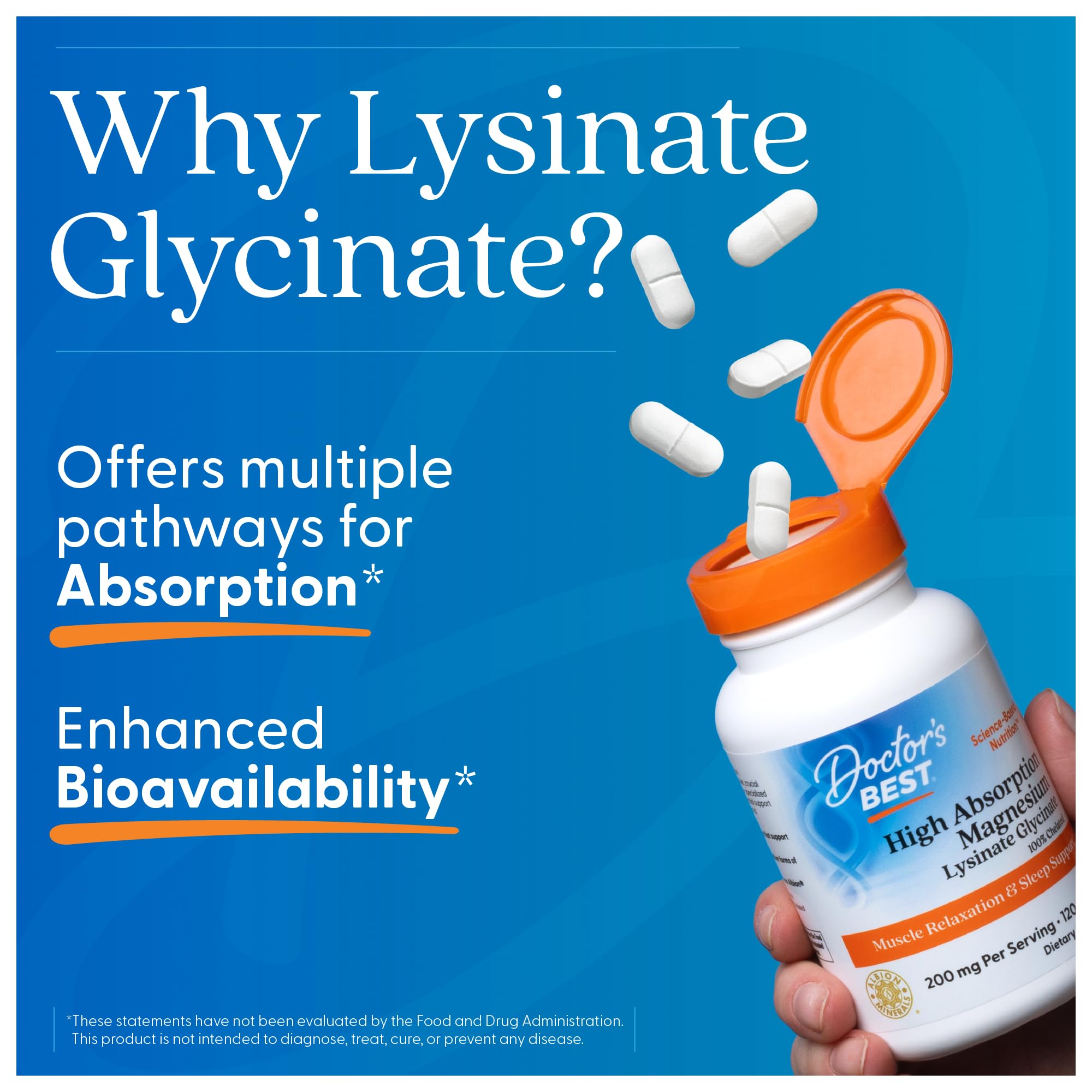 Flacon Doctor's Best magnésium glycinate-lysinate sur plan de travail, présentation compacte.