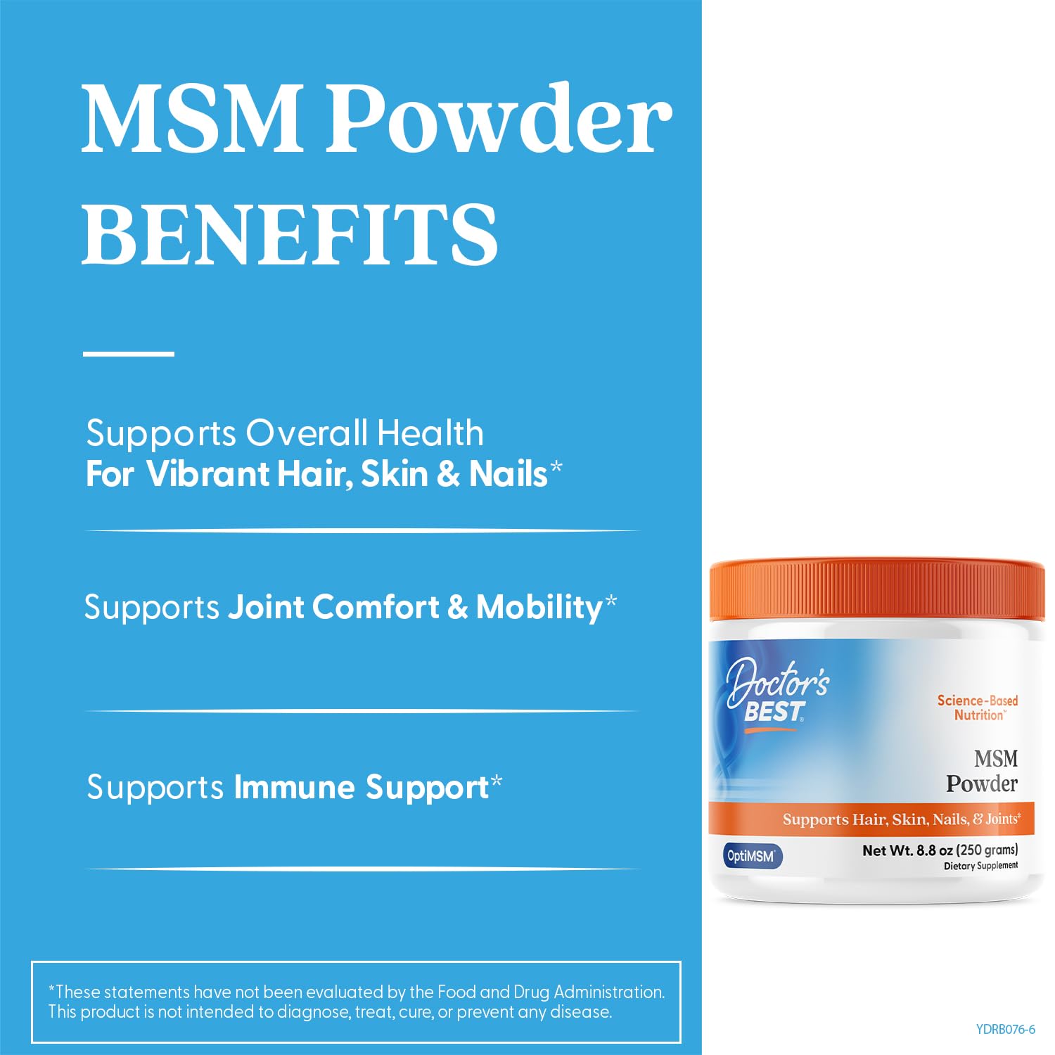 Doctor's Best MSM Powder - cuillère: dose quotidienne de 3 g OptiMSM, source végane.