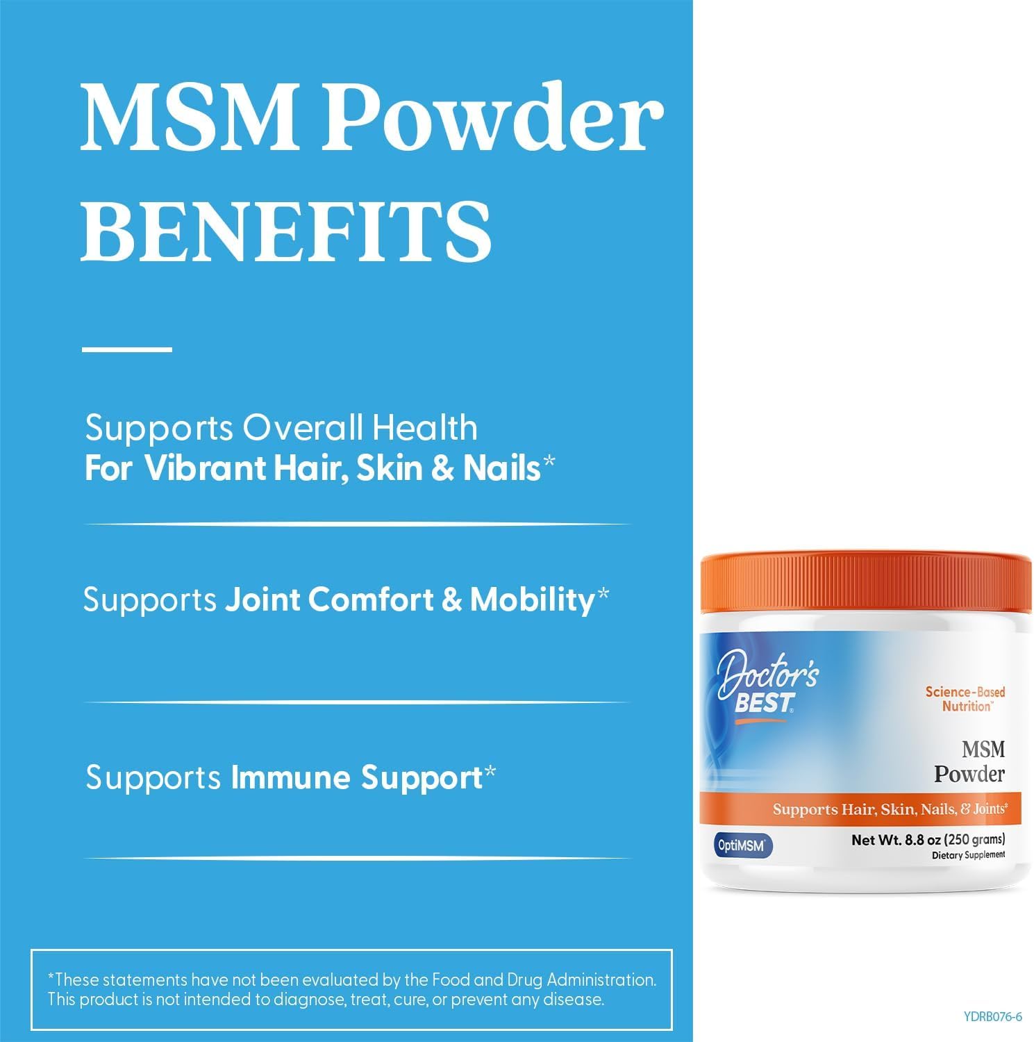 Doctor's Best MSM Powder - étiquette sans OGM, gluten, soja et produit végane.
