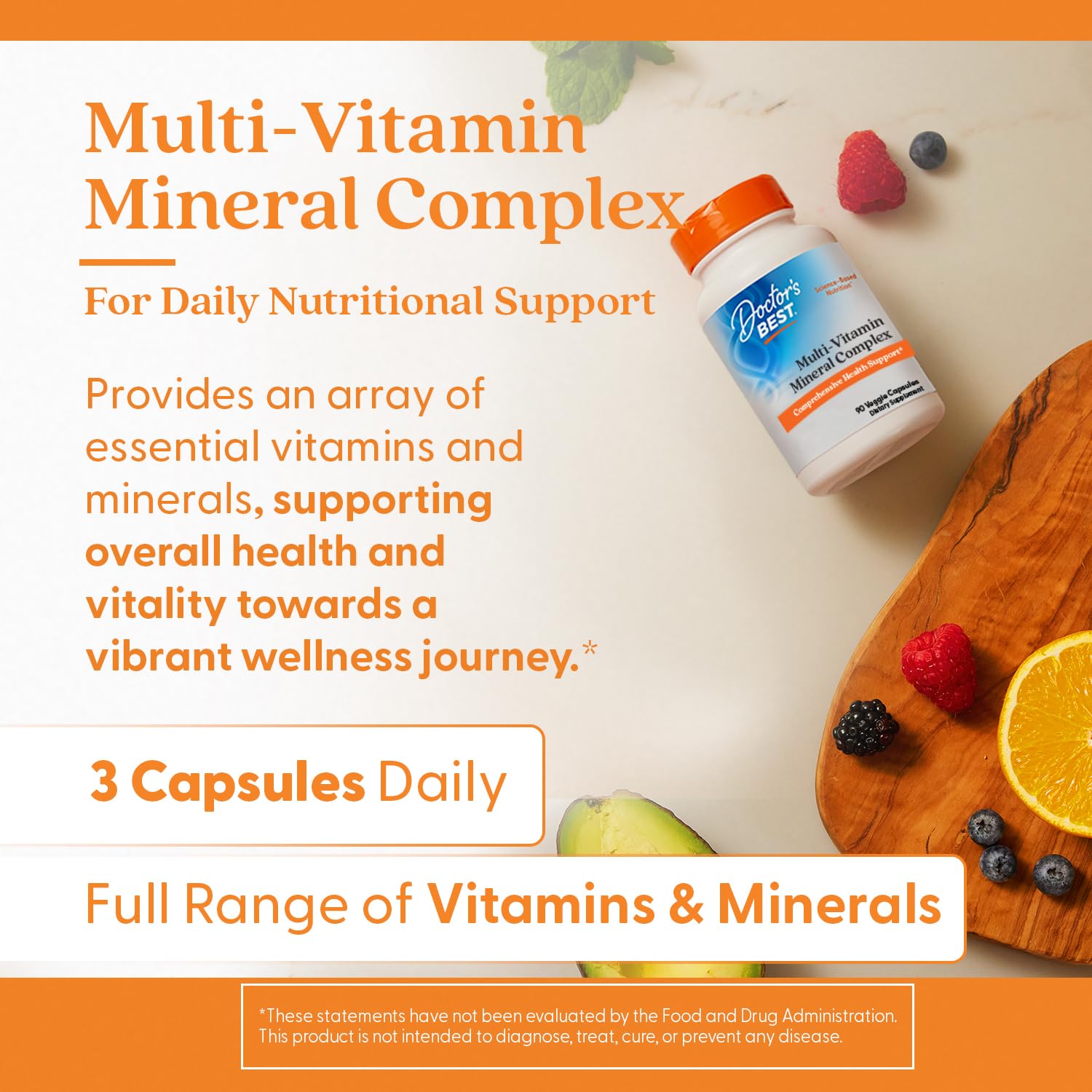 Doctor's BEST Multi-Vitamin Complex: tableau d'ingrédients montrant les vitamines et minéraux clés.