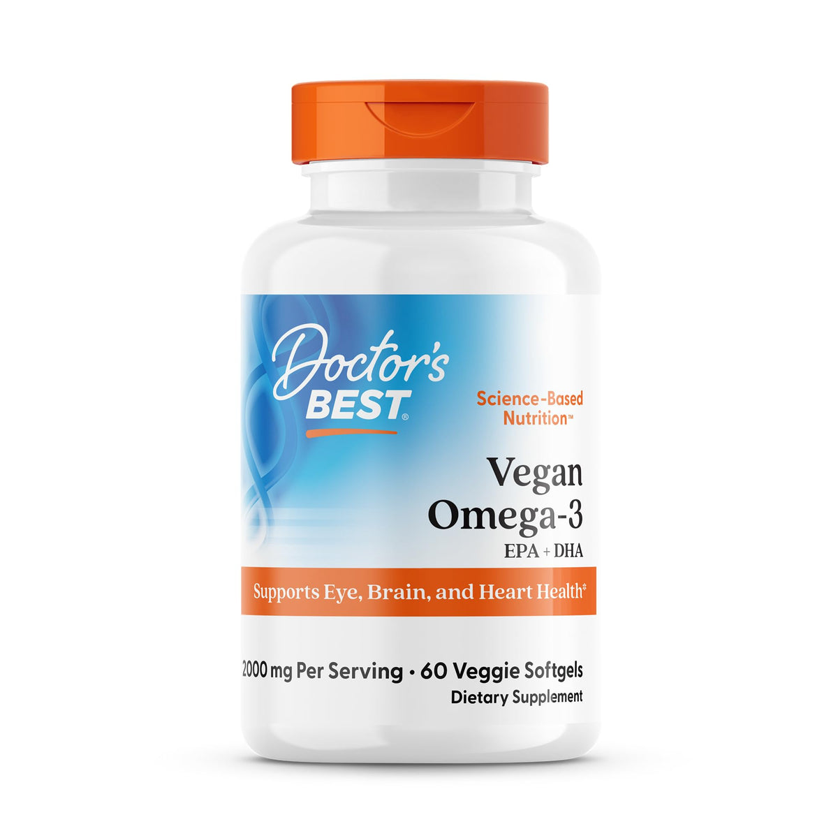 Doctor's Best Omega3 vegan-bouteille montre des gélules pour le soutien visuel et général.