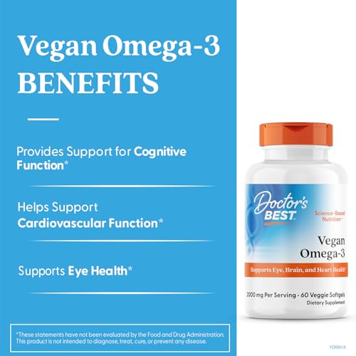 Doctor's Best Omega3 vegan-gelules près du flacon, soutien possible au cœur.