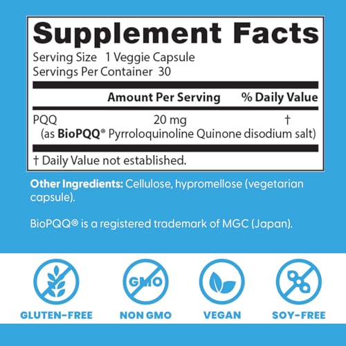 DOCTOR'S BEST PQQ BioPQQ – étiquette indiquant sans gluten et sans soja.