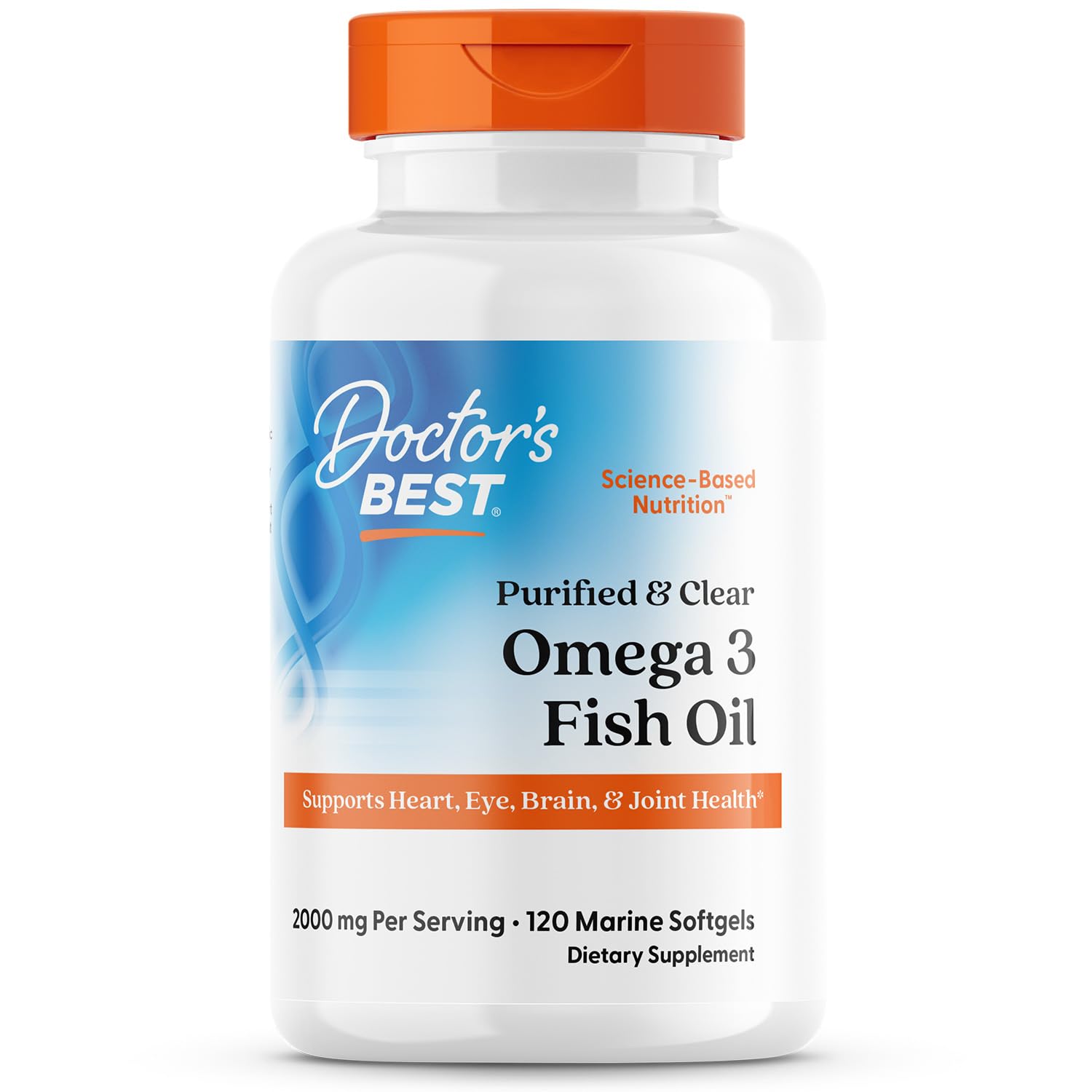 Doctor's Best Purified & Clear Omega-3, bouteille translucide montrant pureté et fraîcheur.