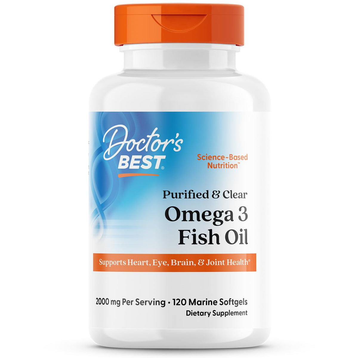 Doctor's Best Purified & Clear Omega-3, bouteille translucide montrant pureté et fraîcheur.