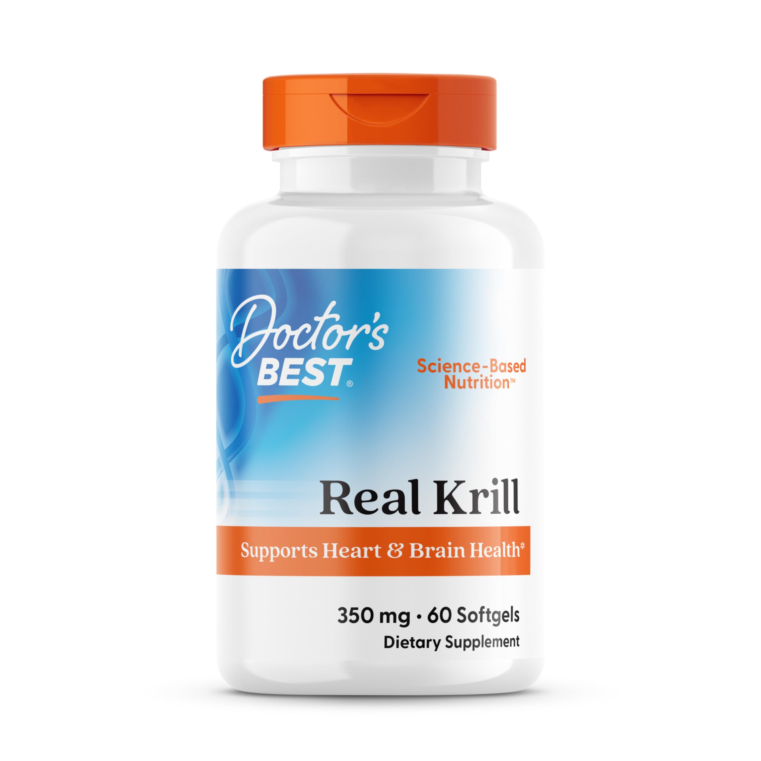 Doctor's Best Real Krill: bouteille 350 mg vue de face, suggérée pour soutenir la santé générale.