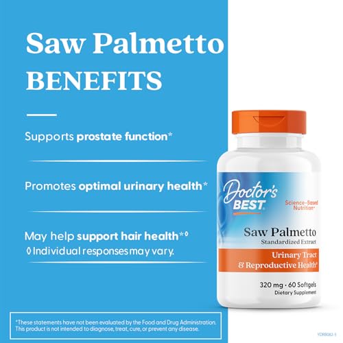 Capsules softgel Doctor's Best Saw Palmetto Extrait, faciles à avaler et standardisées.