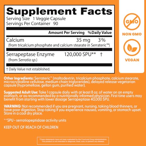 Emballage non-OGM Doctor's Best Serrapeptase, engagement qualité et traçabilité.