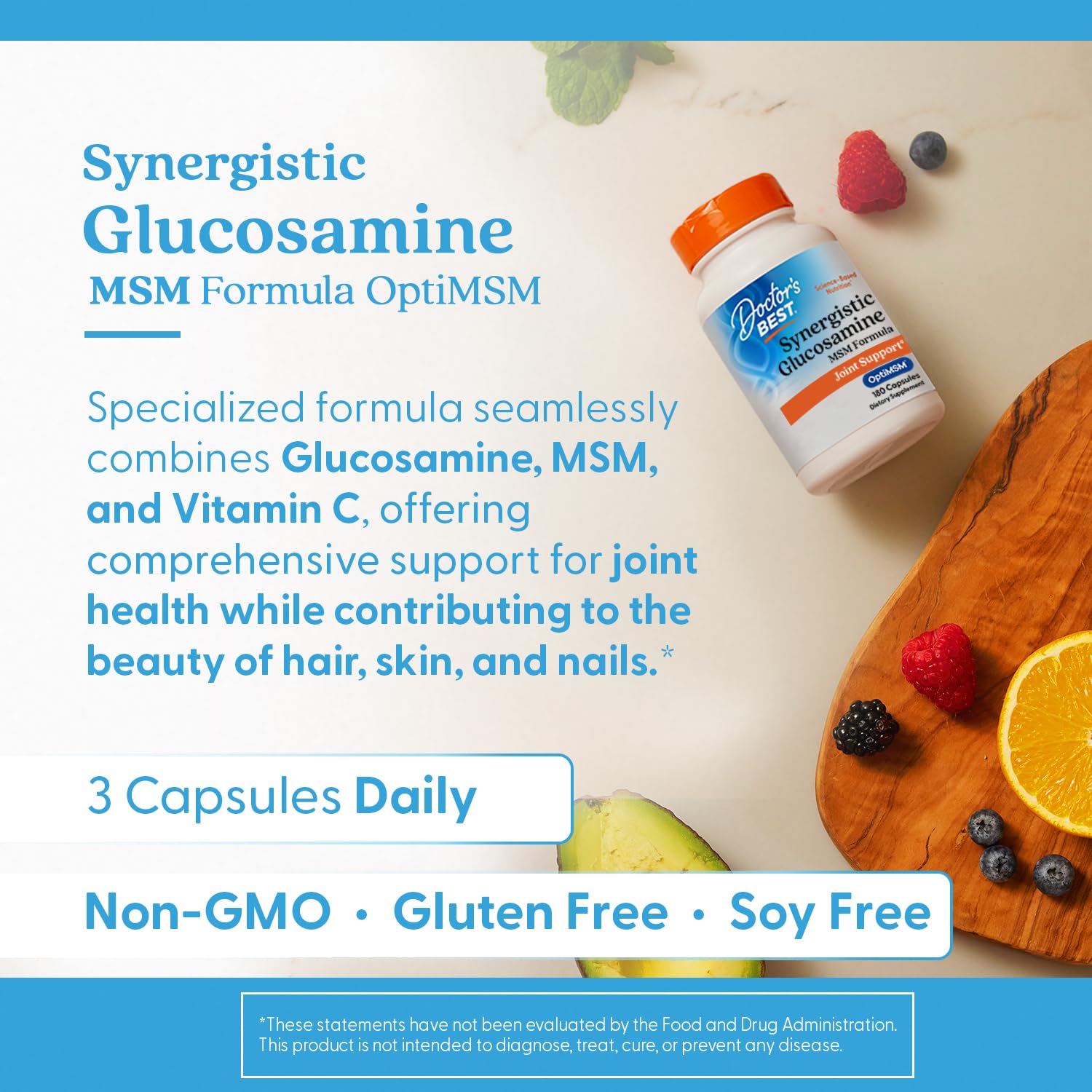 Doctor's Best liste d'ingrédients – glucosamine, MSM et vitamine C pour le soutien articulaire.