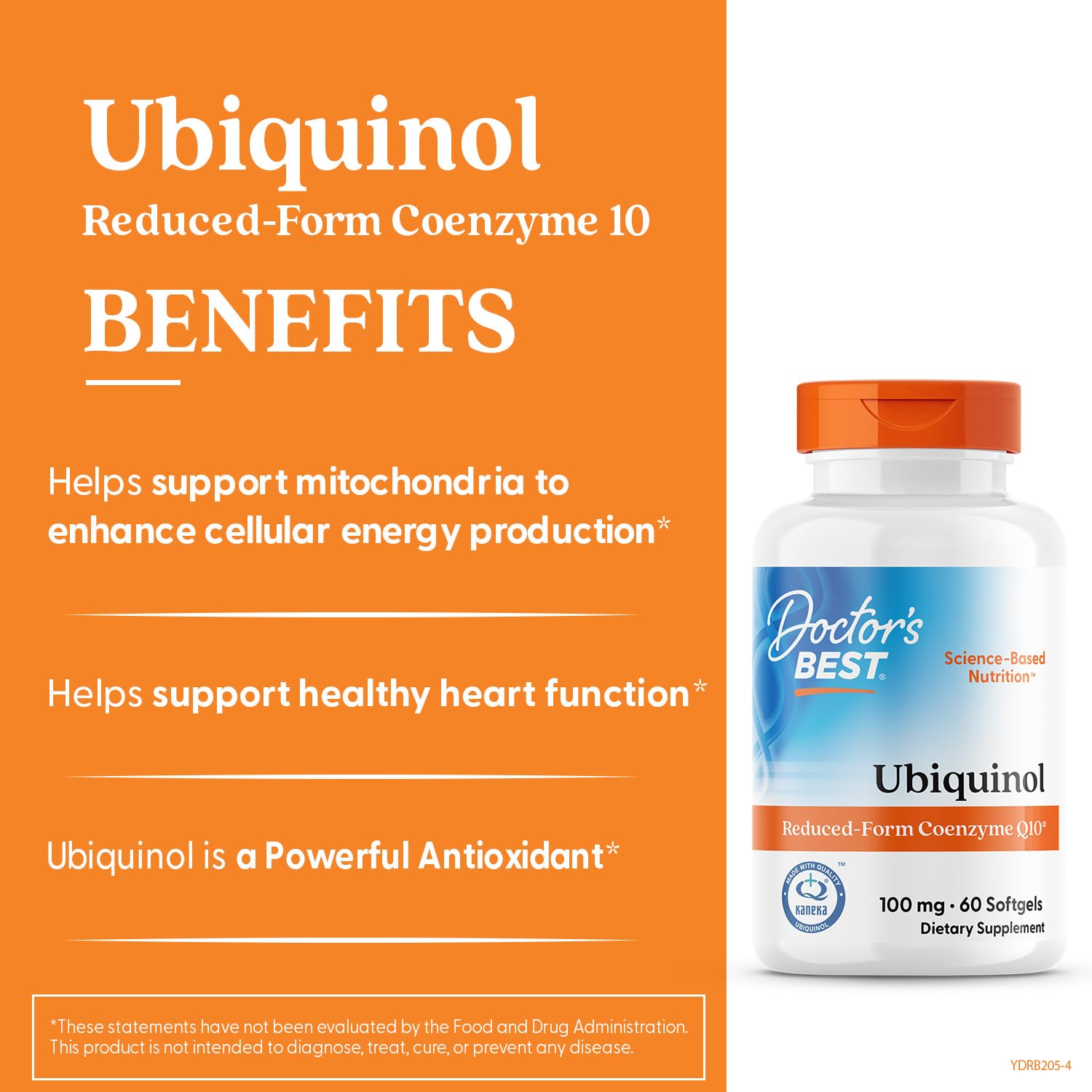 Étiquette Doctor's Best Ubiquinol: produit non-OGM et sans gluten, respectant les préférences alimentaires.