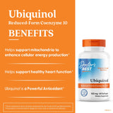 Étiquette Doctor's Best Ubiquinol: produit non-OGM et sans gluten, respectant les préférences alimentaires.