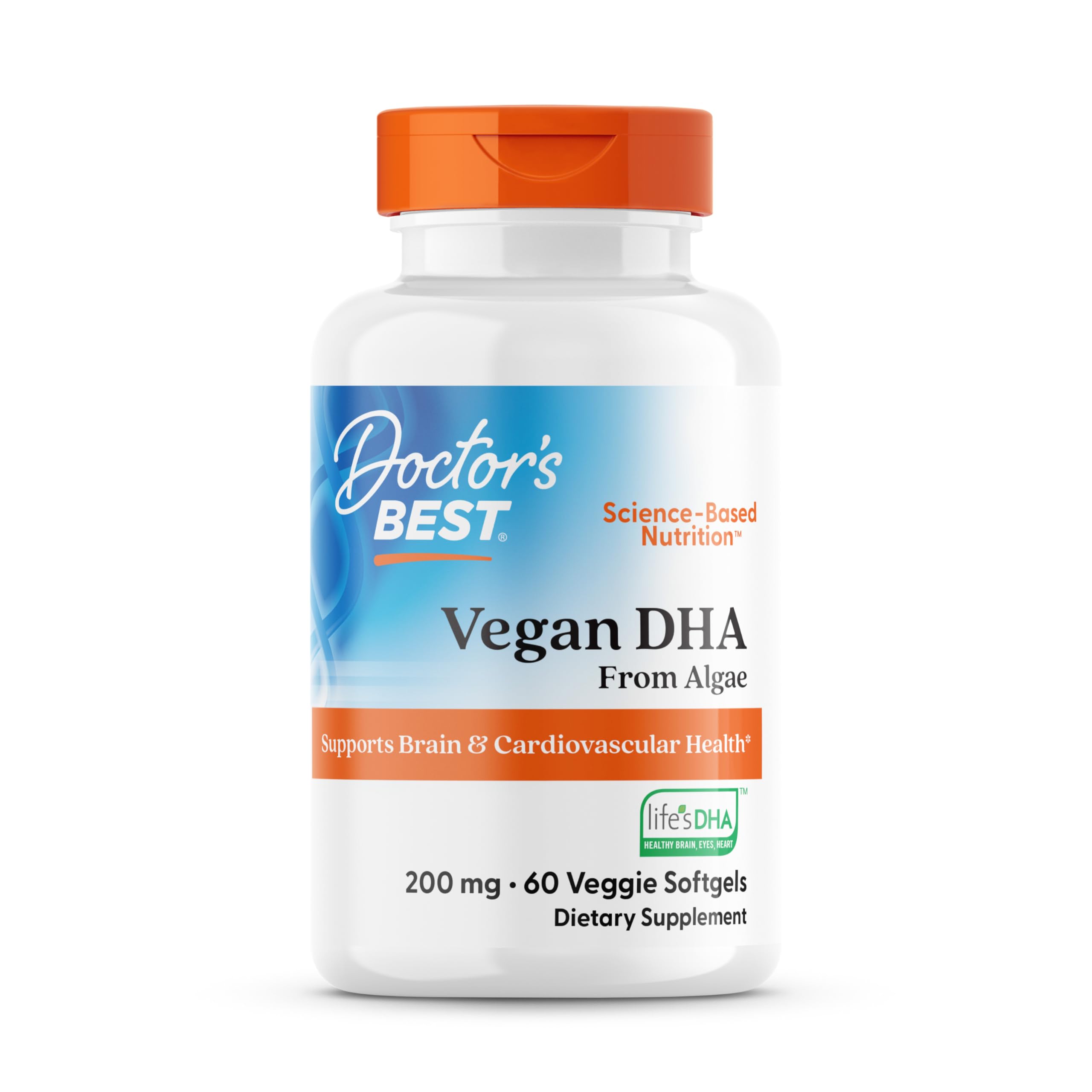 Doctor's Best DHA végétal d'algues — bouteille élégante soutient la concentration possible.