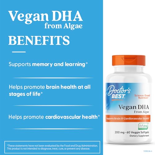 Doctor's Best DHA d'algues — étiquette lisible et choix végétal sans allergènes.
