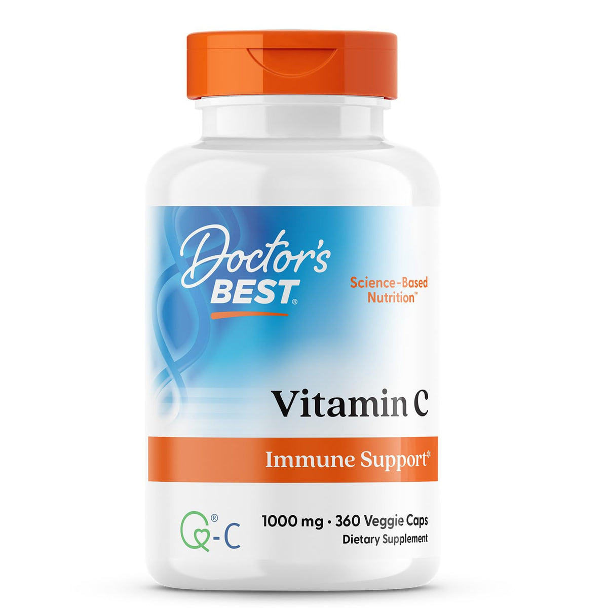 DOCTOR'S BEST Vitamine C avec Q-C – bouteille sur fond neutre, soutien immunitaire potentiel.