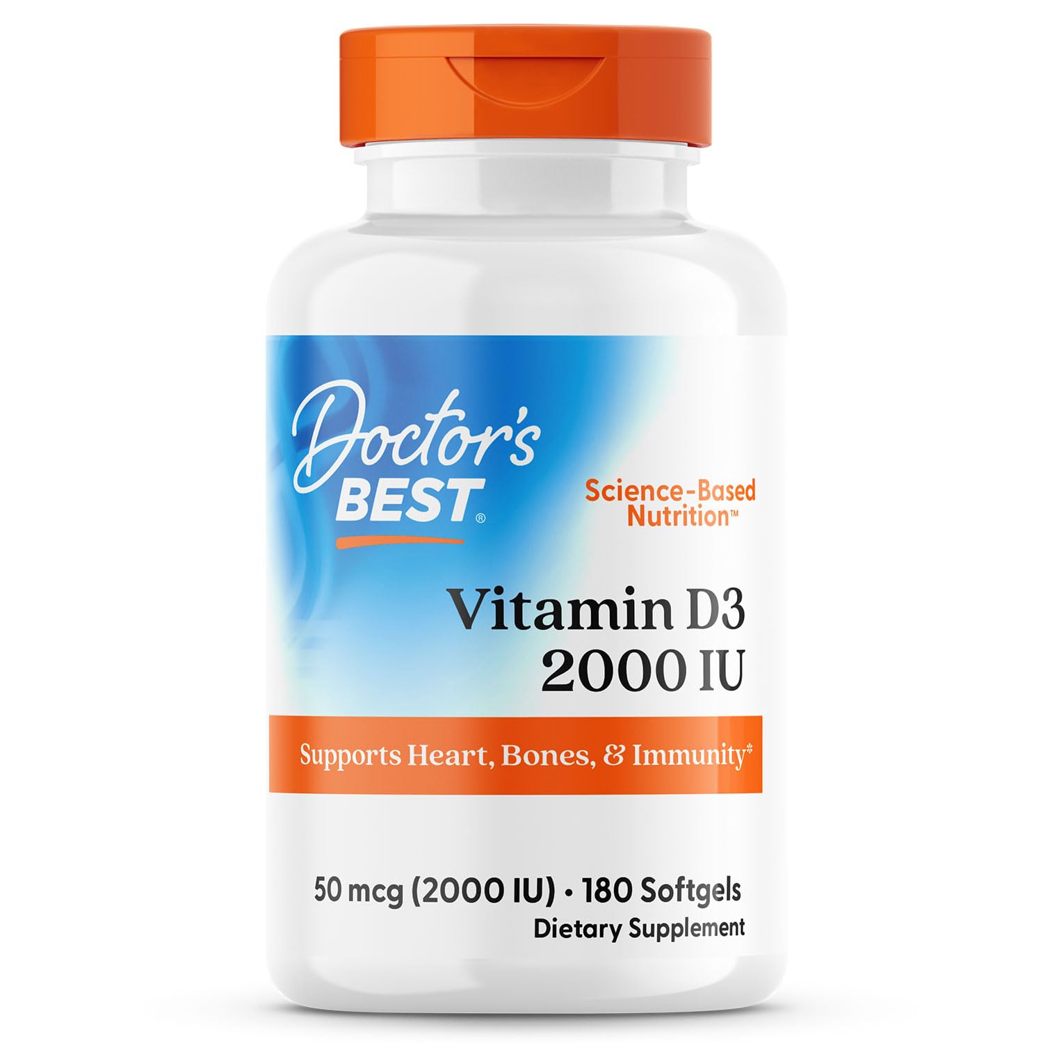 Gélules Doctor's Best vitamine D3 en flacon, soutien global à la santé et aux os.