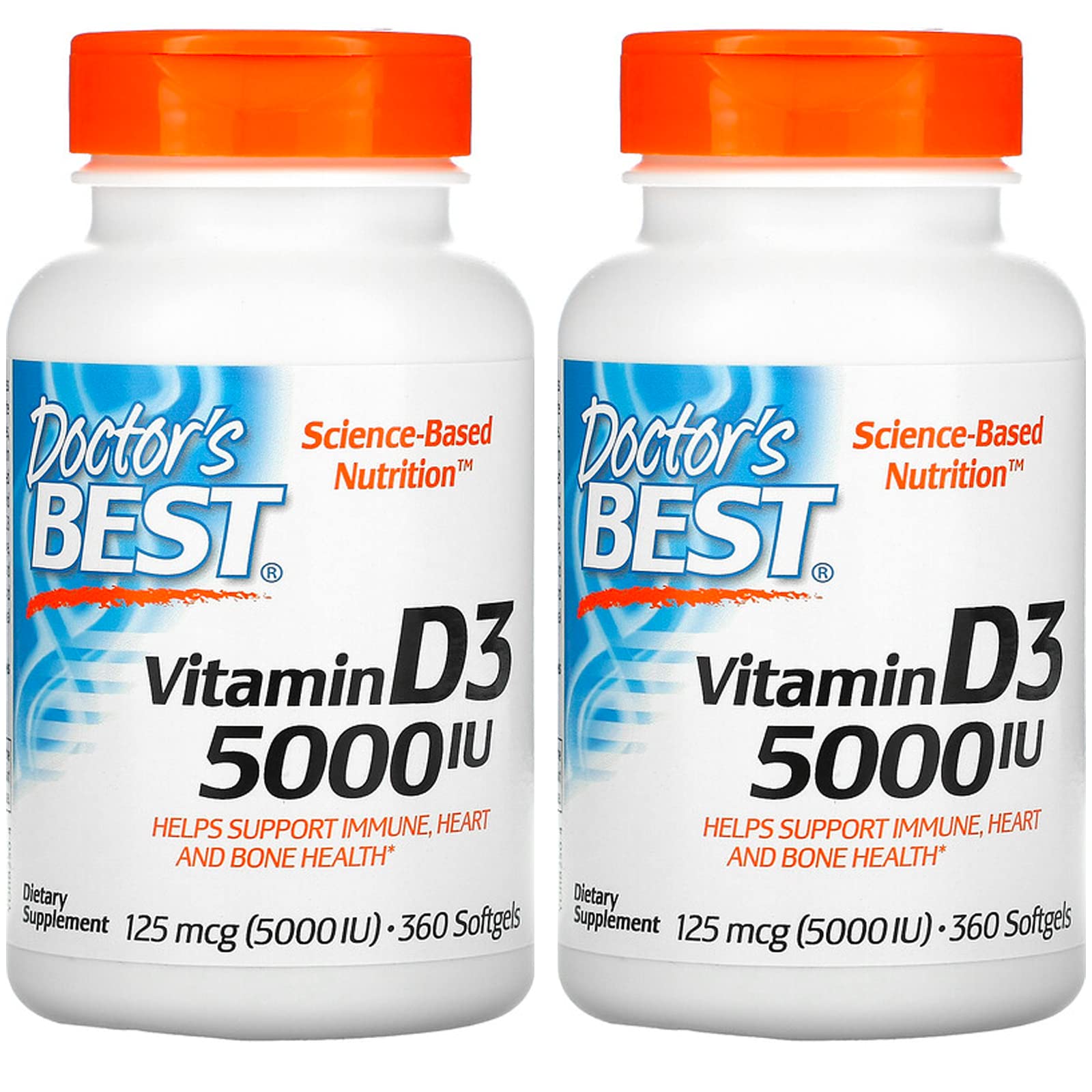 Doctor's Best Vitamin D3, bouteille de 360 gélules, soutien potentiel pour les os et le cœur.