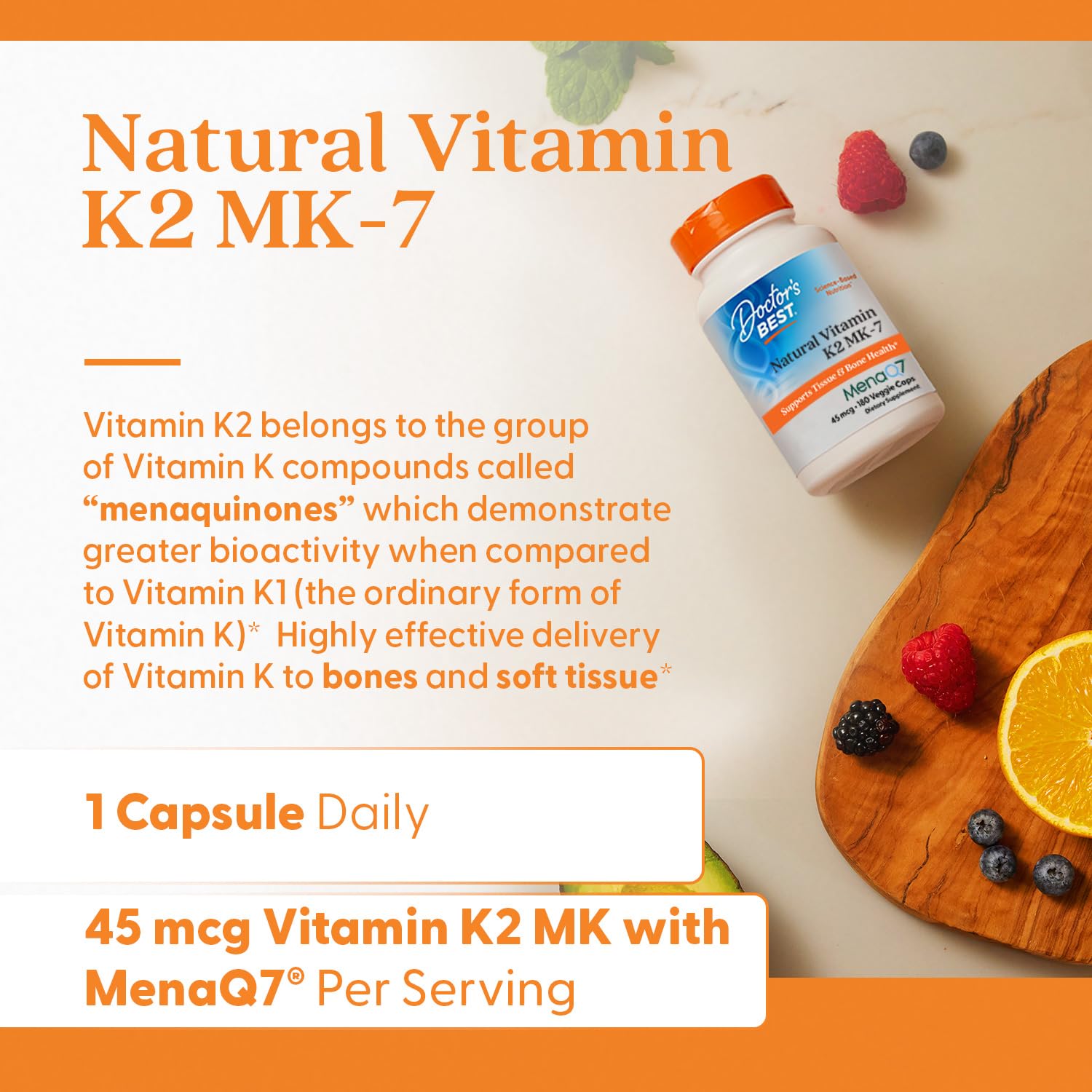 Doctor's Best Vitamine K2 MK7 – emballage et schéma dosage, guide pratique.