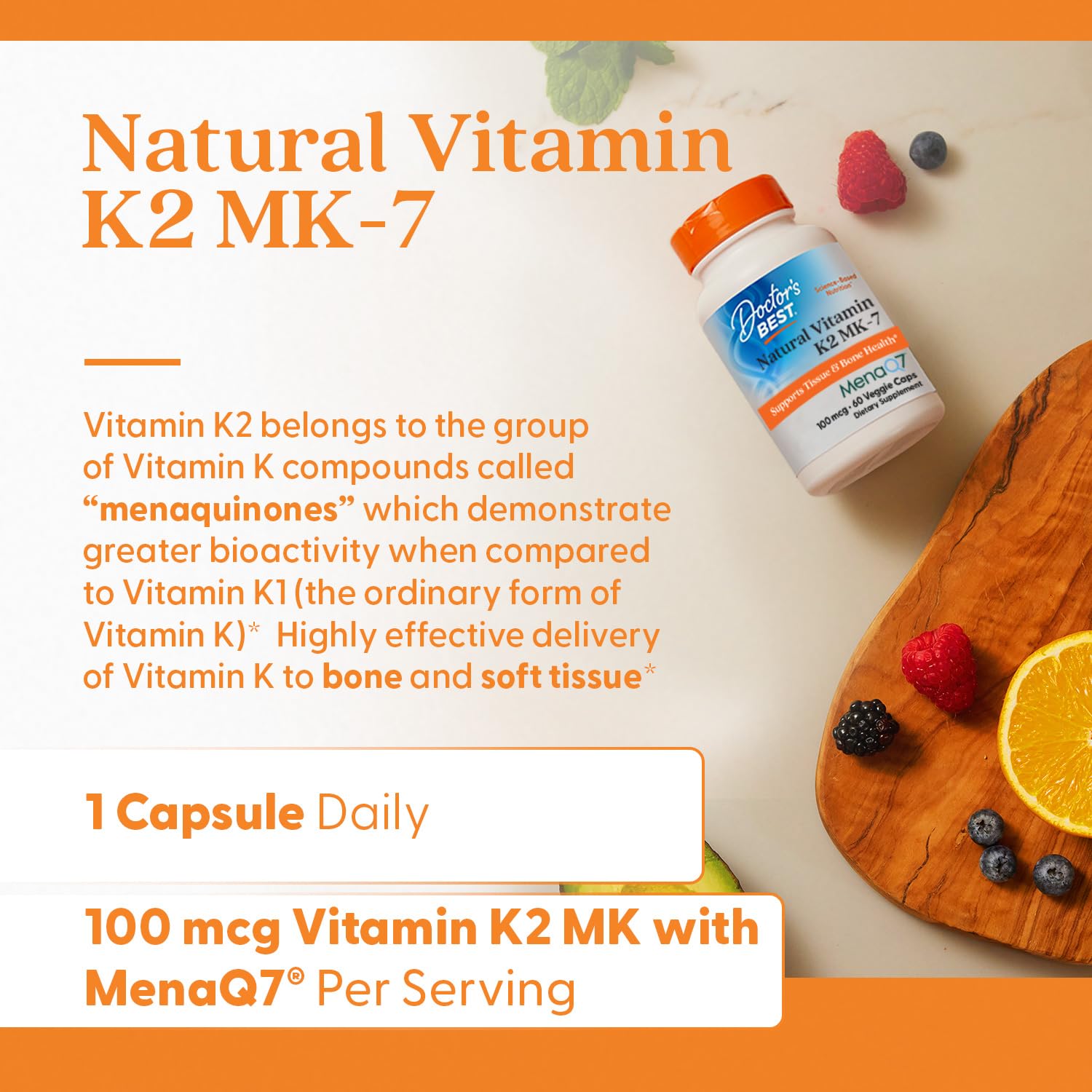 Gélules véganes Doctor's Best K2 MK-7 sans gluten et sans OGM