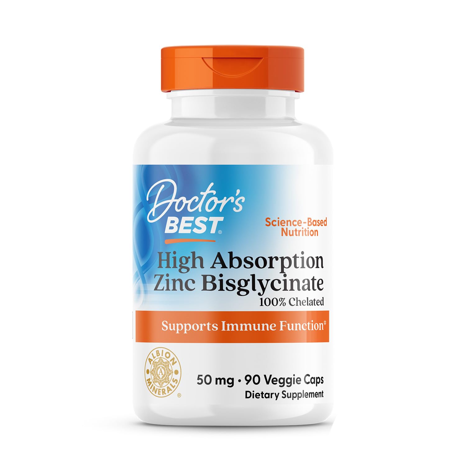 Doctor's BEST zinc bisglycinate 50 mg – bouteille montrant l'absorption élevée