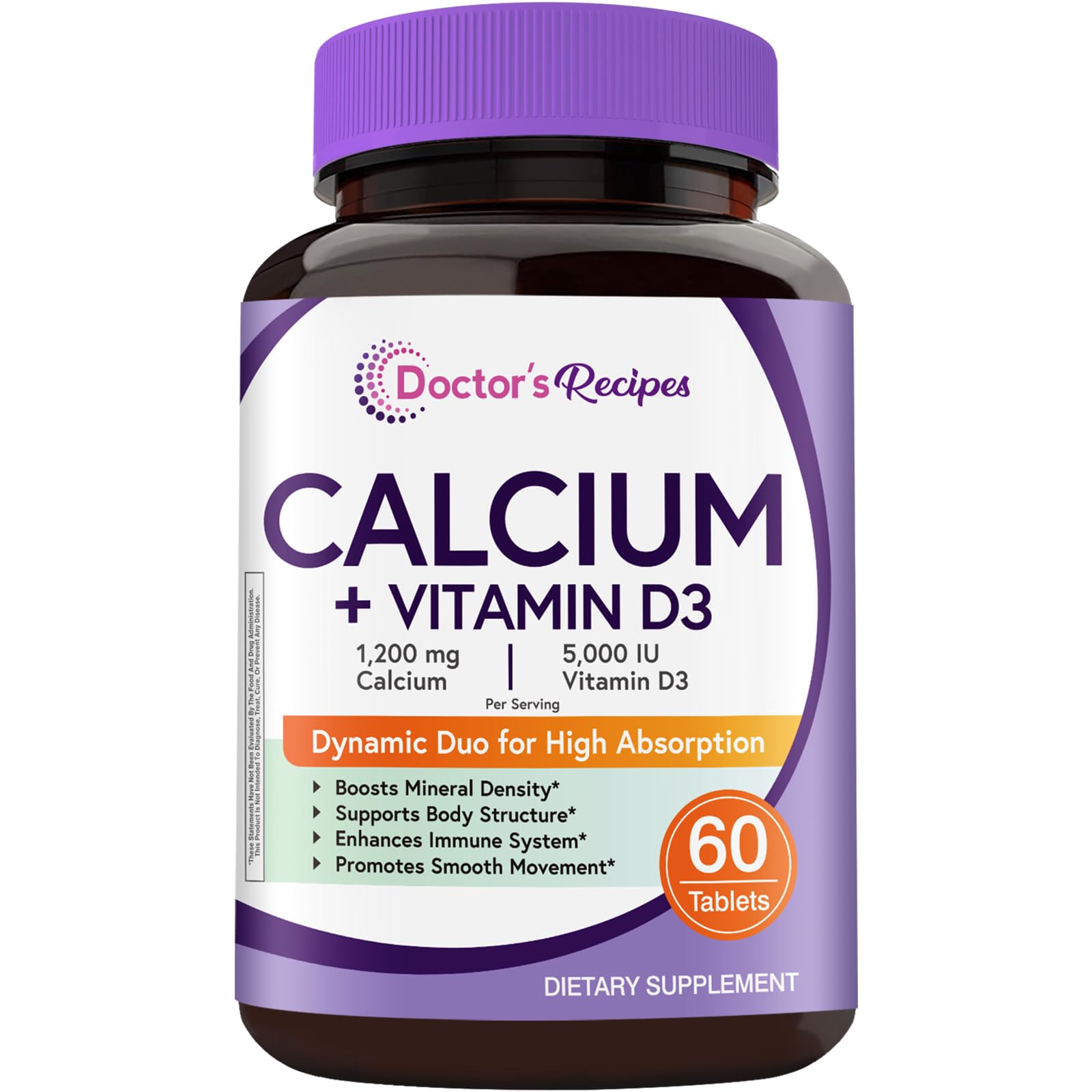Doctor's Recipes Calcium 1200 mg et D3 – bouteille pratique pour l'apport quotidien.