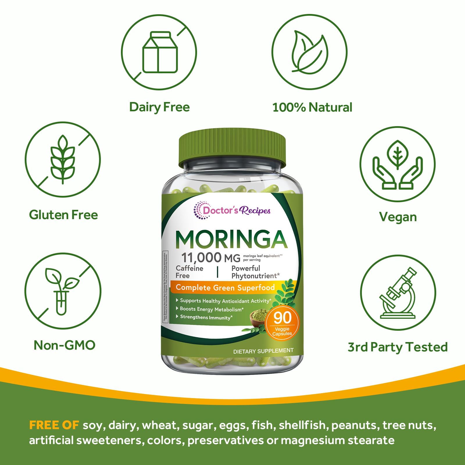 Boîte Doctor's Recipes Moringa de 90 capsules, présentation compacte.