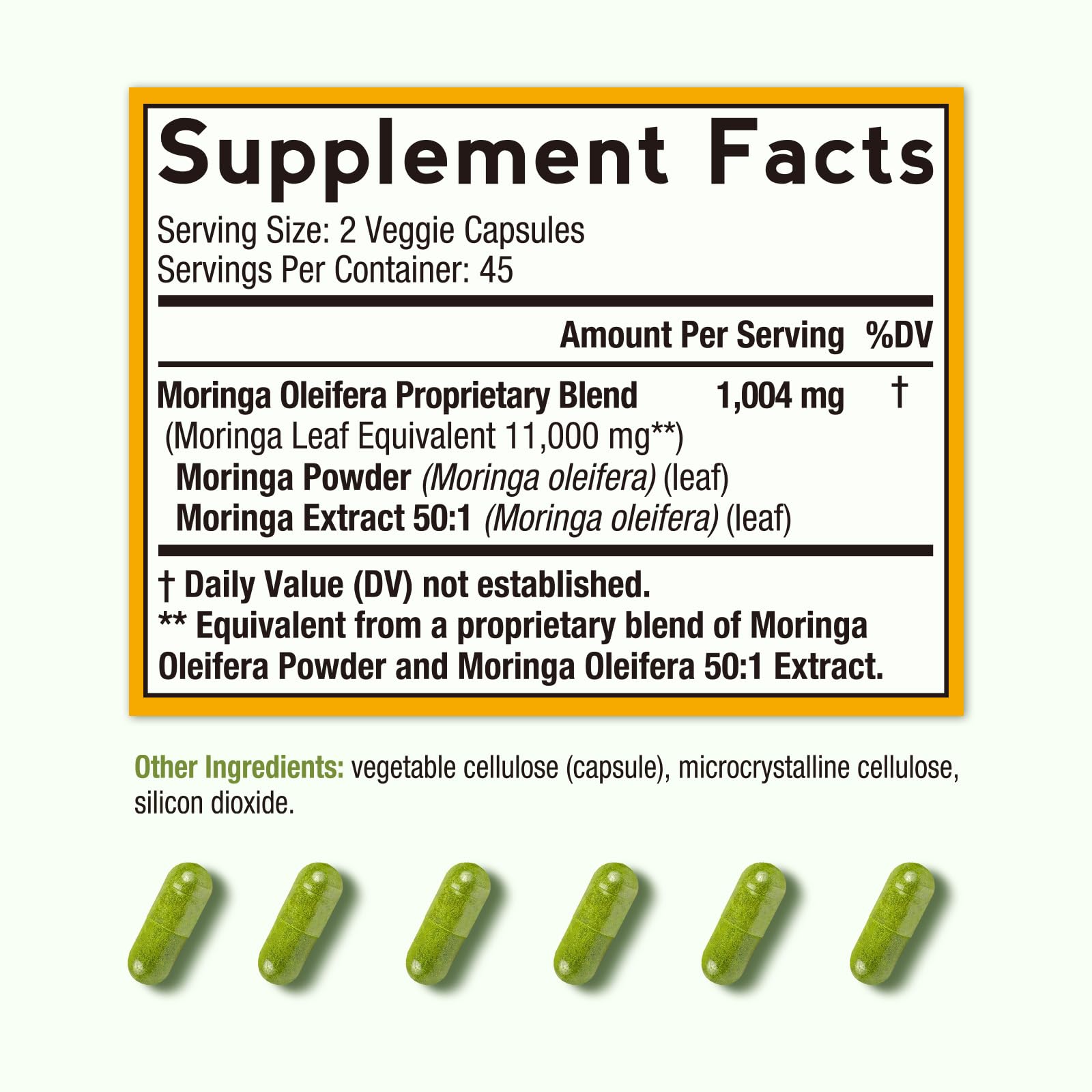 Feuilles séchées et extrait de Doctor's Recipes Moringa, démontrant la richesse nutritionnelle.